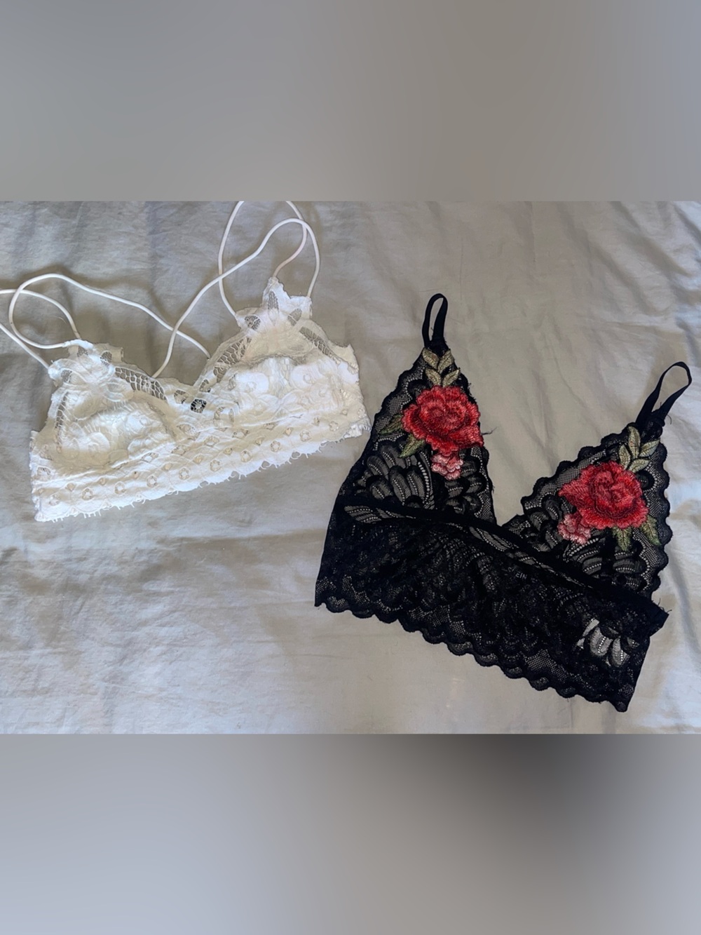 NEW SHEIN White Lace Bralette & Black Lace Bralette with Red Rose Embroidery M